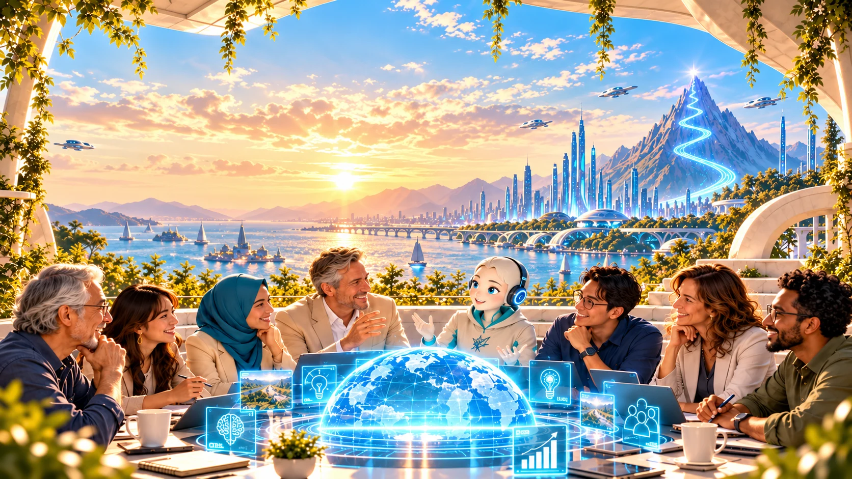 A diverse group and a friendly AI companion share ideas around a glowing globe, overlooking an optimistic city of the future.